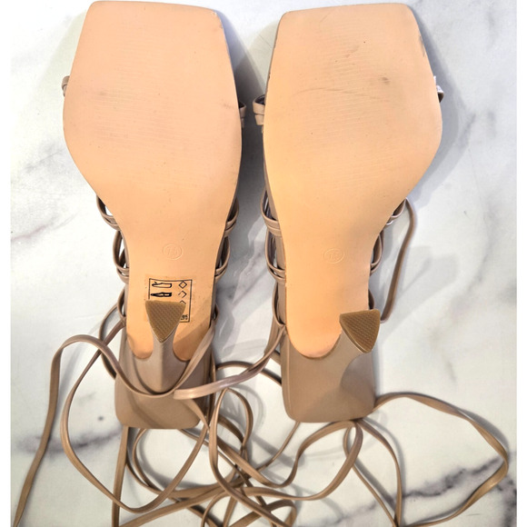 Shein Sandals Heels 7.5 Ankle Wrap Strappy Nude Sexy Square Toe Minimalist Beige - Picture 7 of 7